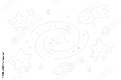 Charming Galaxy Doodles. Charming doodle stickers: smiling galaxy, tiny stars and comets waving, simplified doodle forms, white