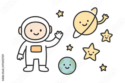 Astronaut Doodle Stickers. Cute doodle stickers: smiling astronaut, tiny stars and planets waving, simplified doodle forms, white