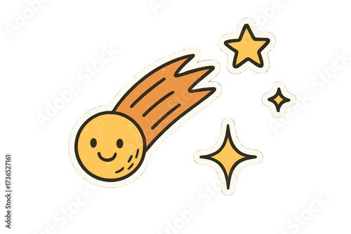 Cute Meteor Stickers. Lovely doodle stickers: happy meteor, tiny stars and sparkles jumping, simplified doodle shapes, white