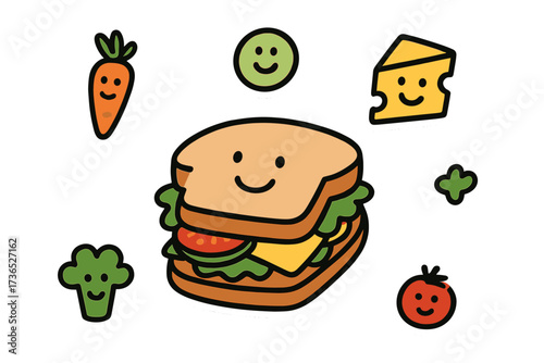 Doodle Sandwich Stickers. Funny doodle stickers: smiling sandwich, tiny vegetables and cheese floating, simplified doodle style,