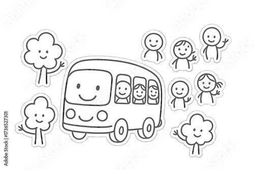 Charming Doodle Stickers. Charming doodle stickers: smiling bus, tiny passengers and trees waving, simplified doodle forms, white