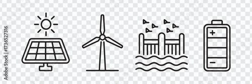 Renewable energy sources and storage technology icons graphic illustration