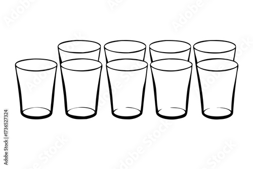 Three clear glass water glasses filled halfway lined up on a white background transparent liquid