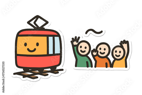 Cheerful Tram Doodles. Lovely doodle stickers: happy tram, tiny rails and passengers waving, simplified doodle shapes, white