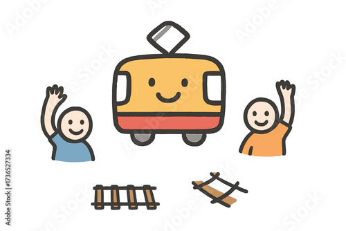 Cheerful Tram Doodles. Lovely doodle stickers: happy tram, tiny rails and passengers waving, simplified doodle shapes, white