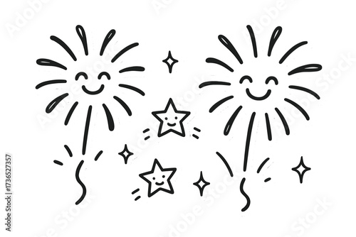 Smiling Fireworks Doodles. Funny doodle stickers: smiling fireworks, tiny stars and sparkles jumping, simplified doodle style,