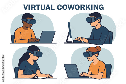 Diverse group of people using virtual reality headsets for remote work collaboration