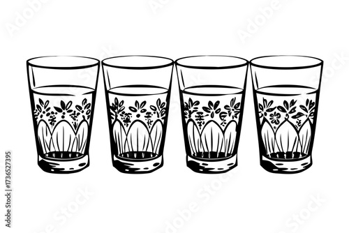Vintage style transparent water glasses with engraved floral details on white background retro