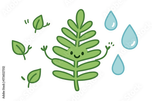 Playful Doodle Stickers. Playful doodle stickers: happy fern, tiny leaves and droplets waving, simplified doodle forms, white