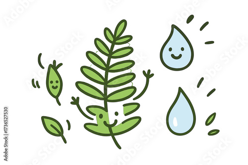 Playful Doodle Stickers. Playful doodle stickers: happy fern, tiny leaves and droplets waving, simplified doodle forms, white