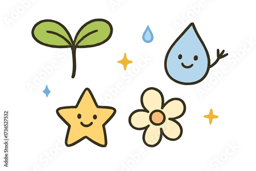 Charming Doodle Stickers. Charming doodle stickers: happy sprout, tiny droplets and stars waving, simplified doodle shapes, white