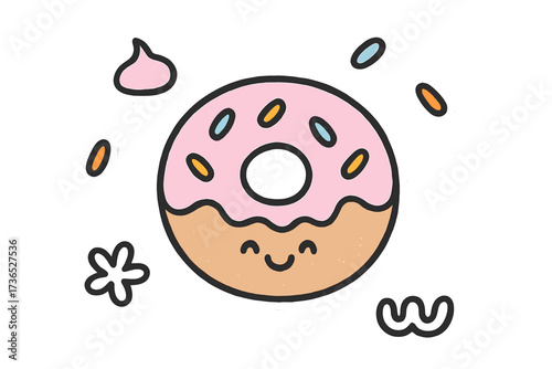 Smiling Donut Stickers. Lovely doodle stickers: smiling donut, tiny frosting and sprinkles floating, simplified doodle shapes,