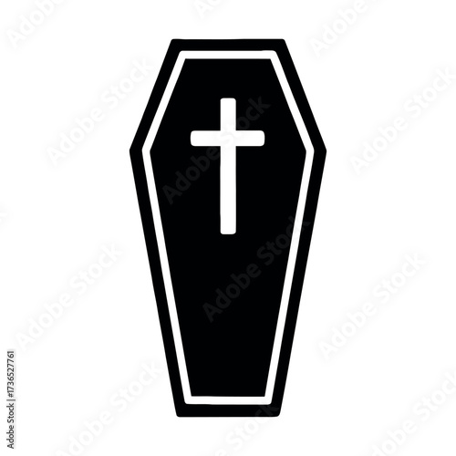 Vector art of black and white illustration of a coffin with a cross