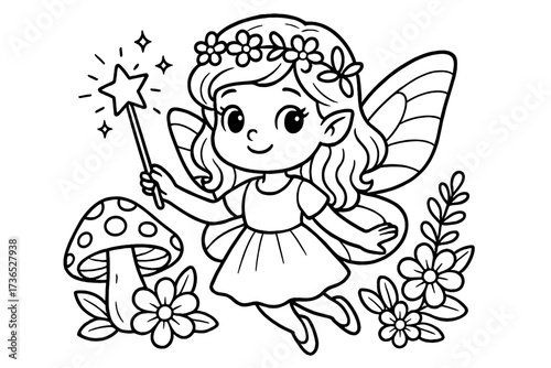 Cute Fairy Coloring Page. Fairy coloring page: cute fairy with wings, magic wand sparkling, flowers and mushrooms around, black