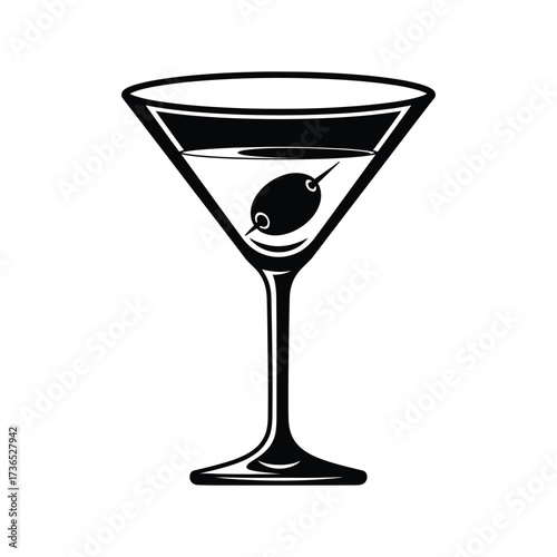 Stylized black and white illustration of a martini glass with olive