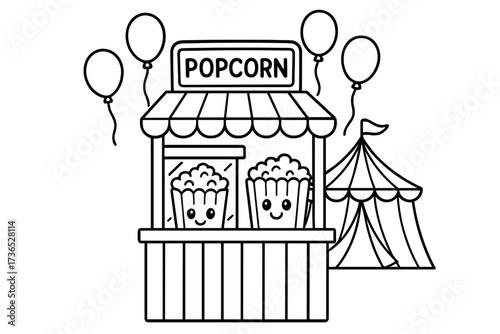 Circus Popcorn Stand. Circus coloring page: popcorn stand with smiling boxes, balloons floating above, circus tent behind, black