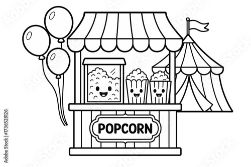 Circus Popcorn Stand. Circus coloring page: popcorn stand with smiling boxes, balloons floating above, circus tent behind, black