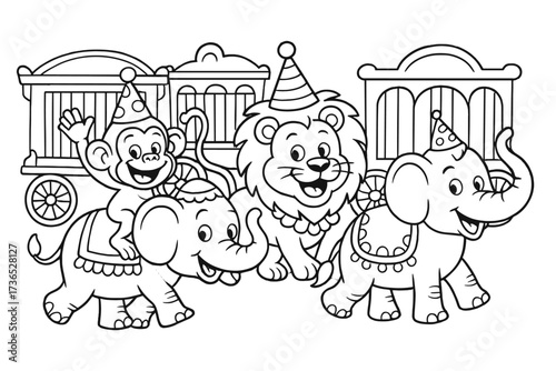 Circus Animal Parade. Circus coloring page: parade of animals in costumes, elephants, lions, monkeys smiling, circus wagons behind