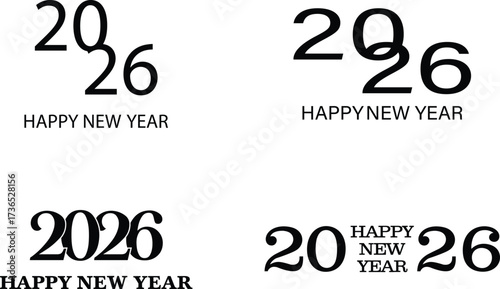 Four different stylized typographic designs for happy new year 2026 celebration