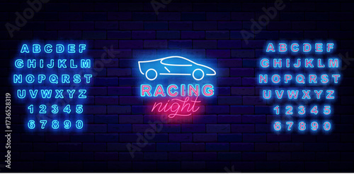 Racing night neon advertising. Sport car tournament. Auto rally. Shiny blue alphabet. Vector stock illustration