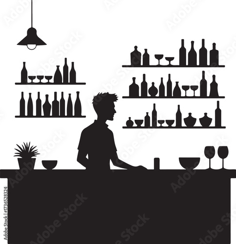 Silhouette of a bartender behind a bar with bottles and glasses