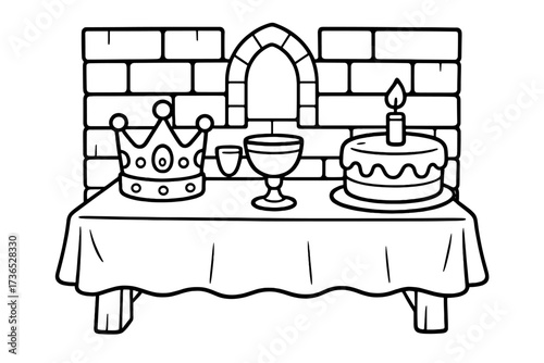Royal Banquet Coloring. Princess & Knights coloring page: royal banquet table with crown, goblet and cake, castle wall behind,