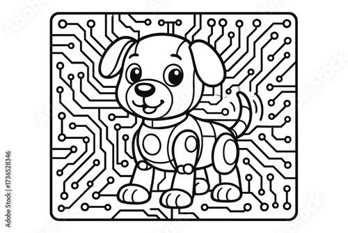 Robot Dog Coloring. Robots & Gadgets coloring page: robot dog with wagging tail, circuit board patterns behind, black and white