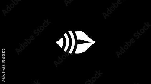 Minimalist White Lips with Sound Waves Icon on Black Background. Modern Graphic for Audio, Speech, and Communication Technology.