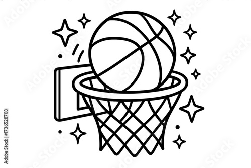 Basketball Slam Dunk. Sports coloring page: basketball bouncing into hoop, stars and sparkles around, black and white vector line