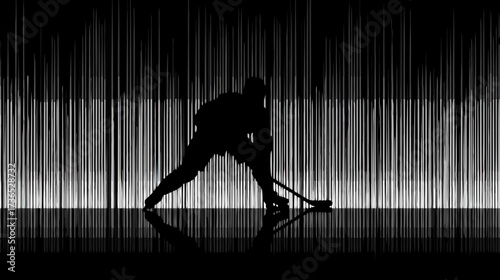 Dynamic silhouette of an ice hockey player in action, stick ready to strike, intense game moment on a dark rink with abstract arena lighting.