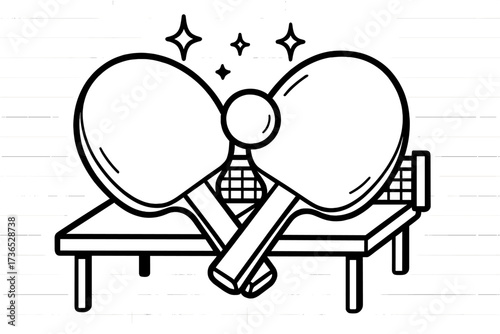 Ping Pong Fun. Sports coloring page: ping pong paddles with ball, table behind, sparkles above, black and white vector line art,