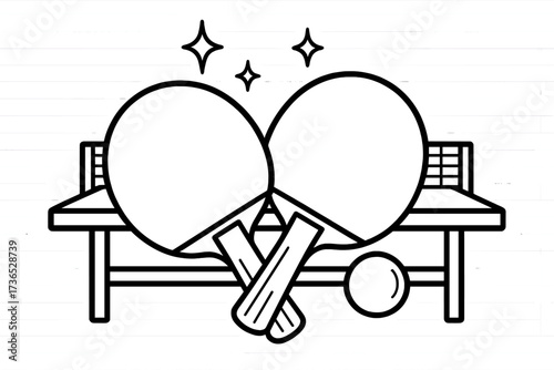 Ping Pong Fun. Sports coloring page: ping pong paddles with ball, table behind, sparkles above, black and white vector line art,