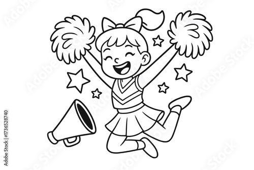 Cheerleader Celebration. Sports coloring page: cheerleader with pom-poms jumping, megaphone nearby, stars around, black and white