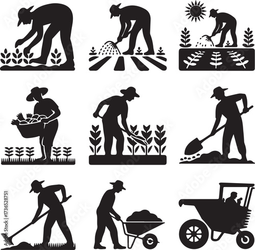 Farmers working planting watering harvesting digging raking pushing cart