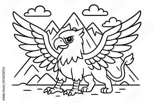 Griffin and Mountains. Magical creatures coloring page: griffin with wings spread wide, mountains behind, clouds above, black and