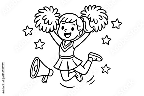 Cheerleader Celebration. Sports coloring page: cheerleader with pom-poms jumping, megaphone nearby, stars around, black and white