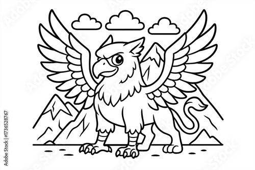 Griffin and Mountains. Magical creatures coloring page: griffin with wings spread wide, mountains behind, clouds above, black and