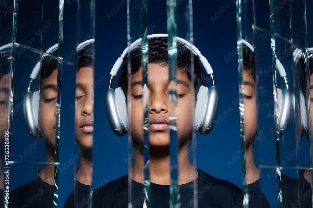Obraz premium Neurodivergent indian kid boy with headphones and closed eyes fragmented in mirror panels symbolizing introspection emotional silence and sensory disconnection in autism