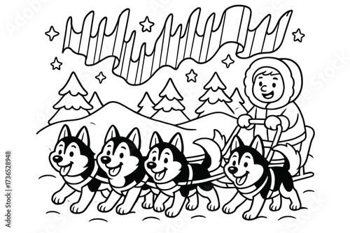Husky Sled Adventure. Chilly scene coloring page: husky dogs pulling sled, northern lights glowing in sky, black and white vector