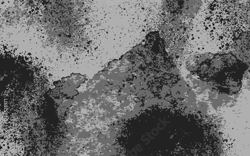 Abstract grunge texture in monochrome shades of black and gray with rough, splattered, and uneven patterns. Ink splashes, dust, or concrete stains with overlays, posters, or digital artwork