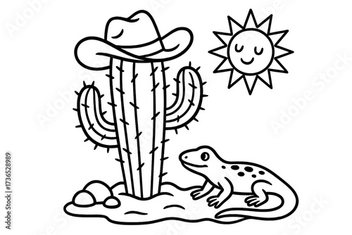 Cactus and Cowboy Hat. Desert life coloring page: cactus with cowboy hat, lizard resting nearby, sun blazing above, black and