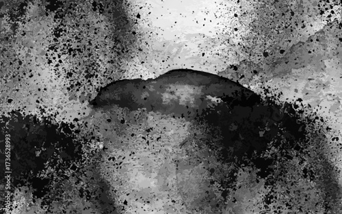 Abstract grunge texture in monochrome shades of black and gray with rough, splattered, and uneven patterns. Ink splashes, dust, or concrete stains with overlays, posters, or digital artwork