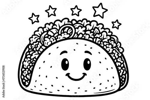 Smiling Taco Cartoon. Crunchy delight coloring page: taco filled with veggies and meat, smiling shell, stars floating above, black