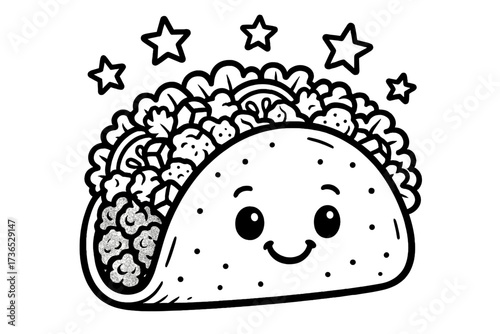 Smiling Taco Cartoon. Crunchy delight coloring page: taco filled with veggies and meat, smiling shell, stars floating above, black