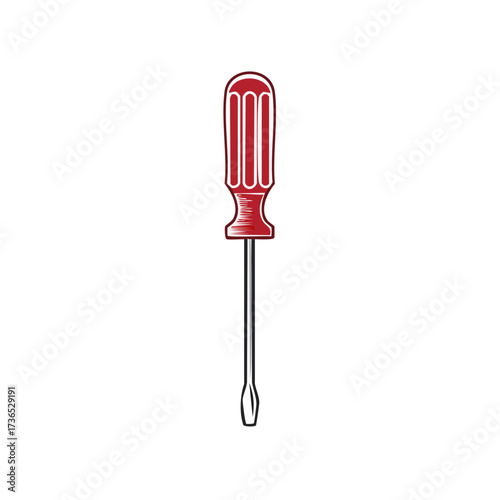 A detailed close-up of a red screwdriver. The illustration captures the essence of a handheld tool, commonly used in various repair tasks