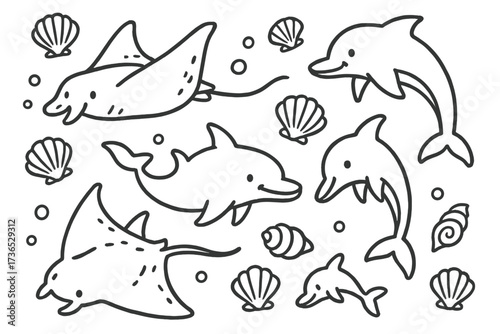 Black & White Sea Doodles. Doodle sea animals with manta rays, dolphins, and shells in black and white isolated transparent