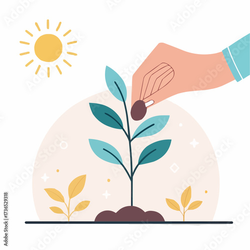 Hand planting seed in soil for growing green plant in sunlight  