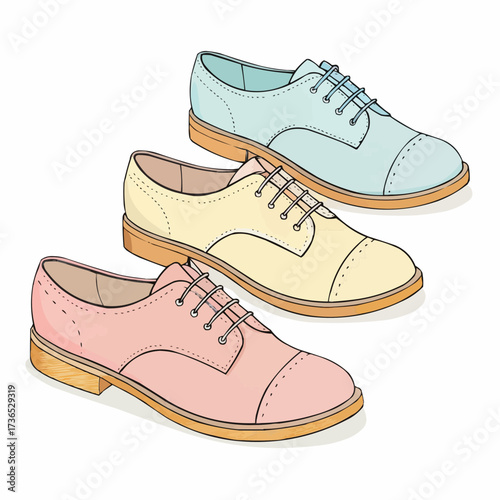 Colorful oxford shoes in pastel shades on white background  
