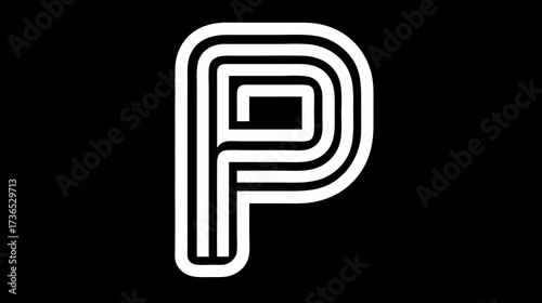 Modern graphic design of a capital letter P, created with multiple parallel white lines on a minimalist black background, abstract geometric style.