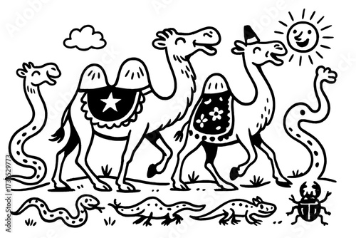 Desert Animal Parade. Playful desert parade with camels, snakes, and beetles in black and white isolated transparent background